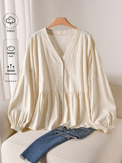 CosyJoli Plus Size Solid V-Neck Drop Shoulder Long Lantern Sleeve Casual Front Button Shirt Fall