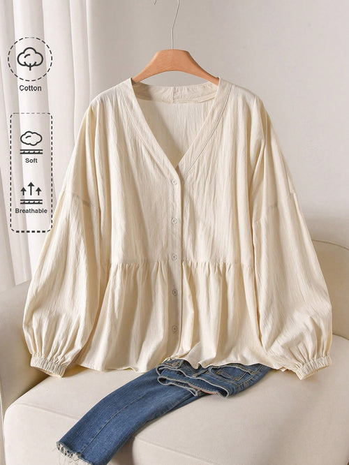 CosyJoli Plus Size Solid V-Neck Drop Shoulder Long Lantern Sleeve Casual Front Button Shirt Fall