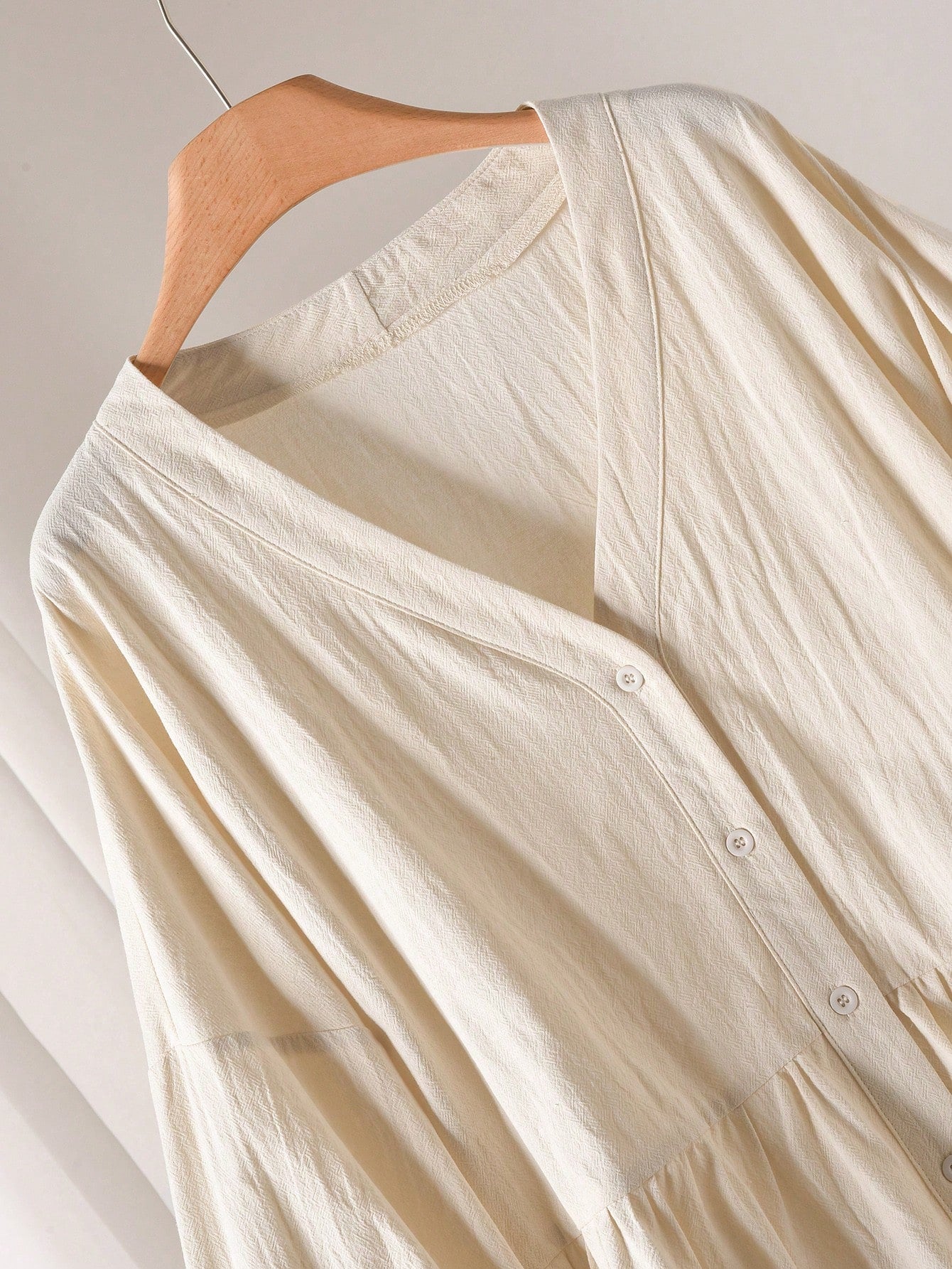 CosyJoli Plus Size Solid V-Neck Drop Shoulder Long Lantern Sleeve Casual Front Button Shirt Fall