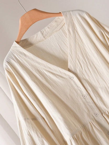 CosyJoli Plus Size Solid V-Neck Drop Shoulder Long Lantern Sleeve Casual Front Button Shirt Fall