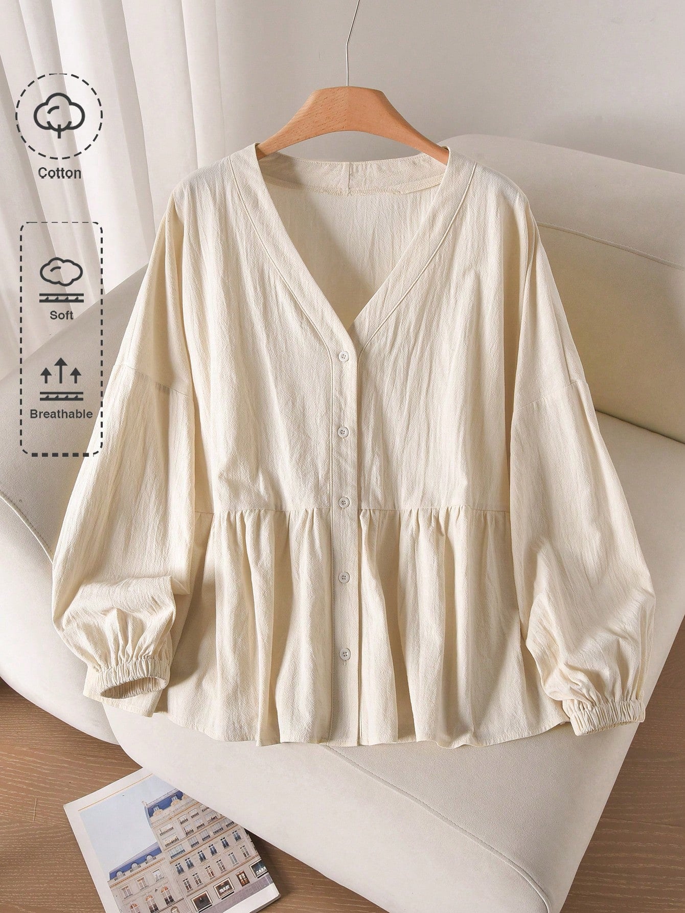 CosyJoli Plus Size Solid V-Neck Drop Shoulder Long Lantern Sleeve Casual Front Button Shirt Fall