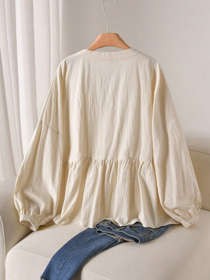 CosyJoli Plus Size Solid V-Neck Drop Shoulder Long Lantern Sleeve Casual Front Button Shirt Fall