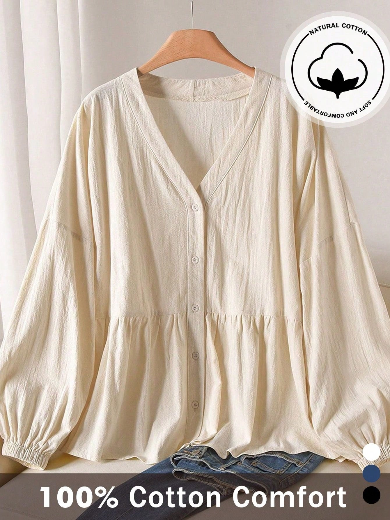 CosyJoli Plus Size Solid V-Neck Drop Shoulder Long Lantern Sleeve Casual Front Button Shirt Fall