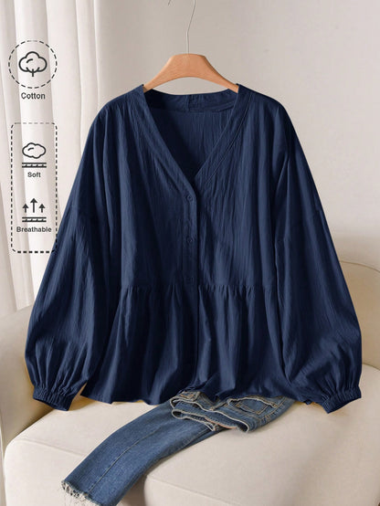 CosyJoli Plus Size Solid V-Neck Drop Shoulder Long Lantern Sleeve Casual Front Button Shirt Fall
