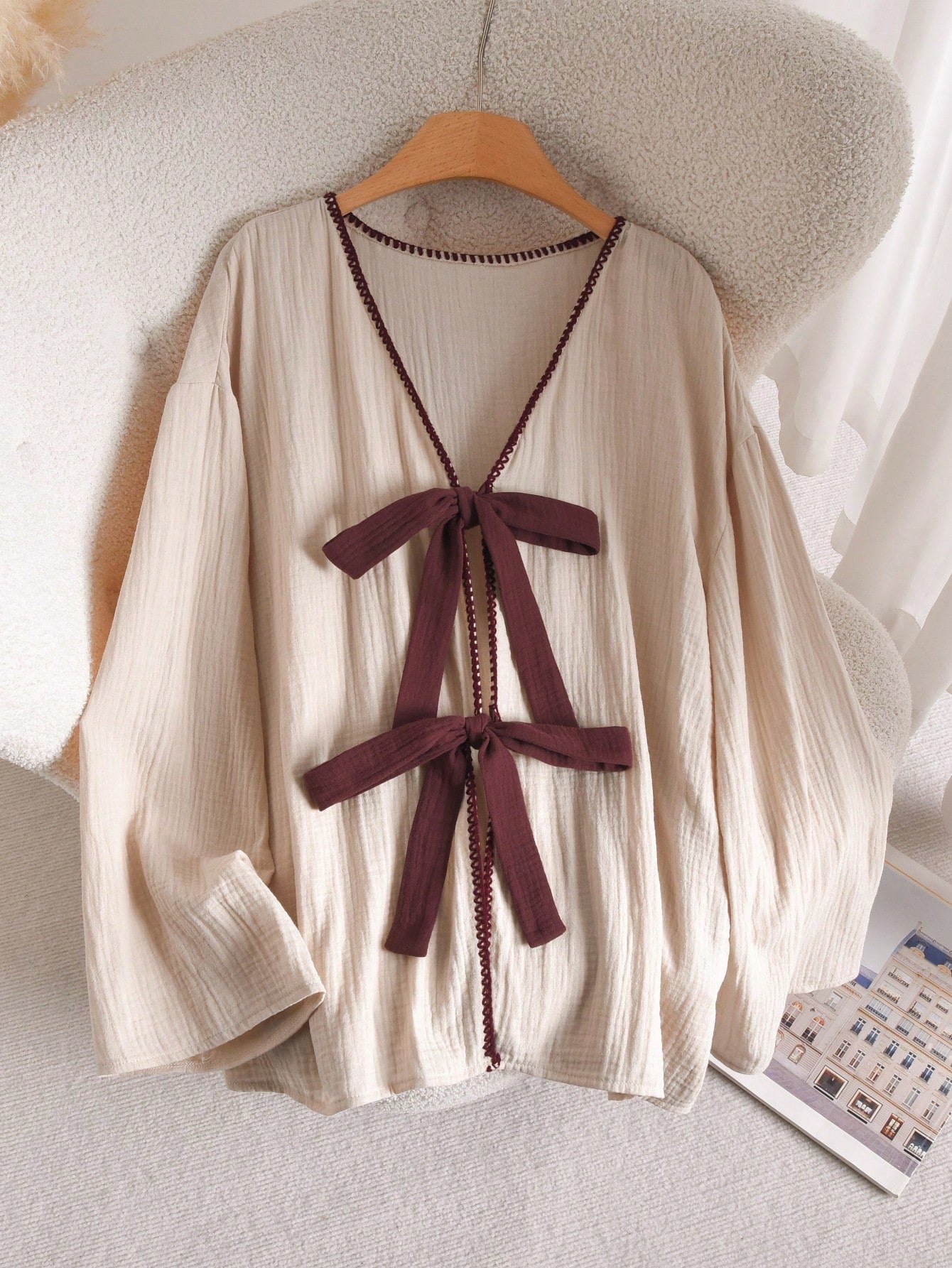CosyJoli Plus Size Women Front Knot Dropped Shoulder Long Sleeve Loose Casual Shirt Fall