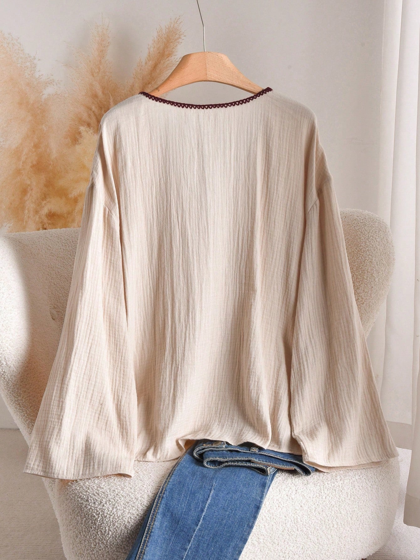CosyJoli Plus Size Women Front Knot Dropped Shoulder Long Sleeve Loose Casual Shirt Fall