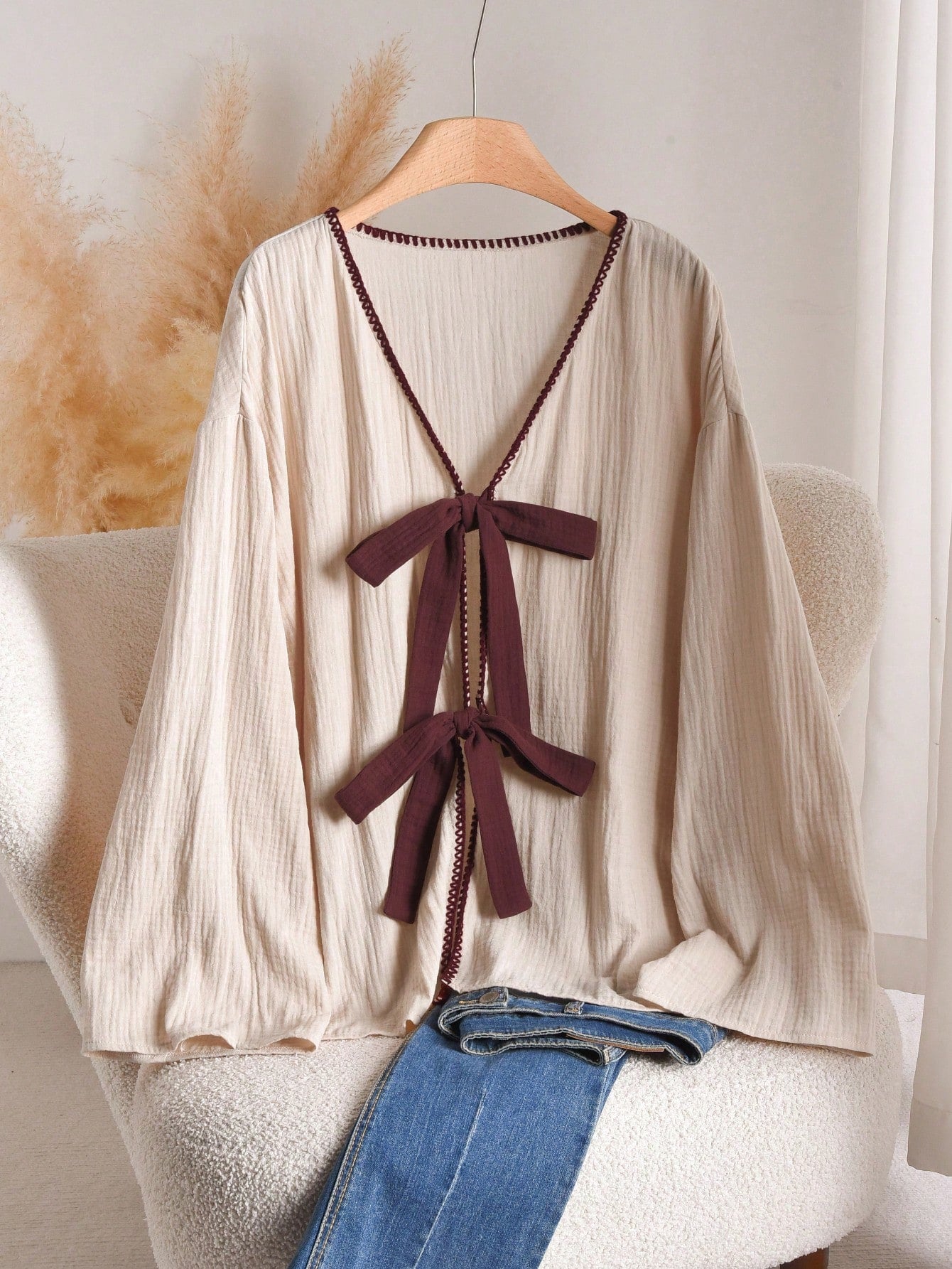 CosyJoli Plus Size Women Front Knot Dropped Shoulder Long Sleeve Loose Casual Shirt Fall