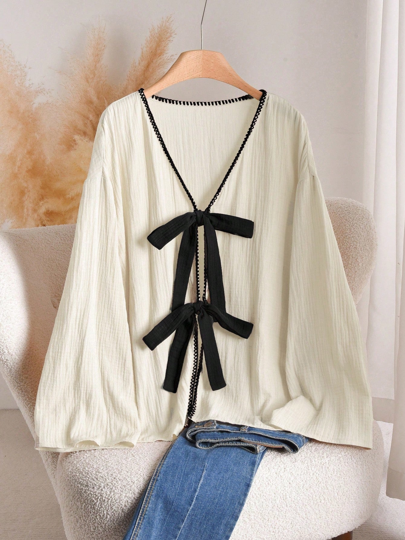 CosyJoli Plus Size Women Front Knot Dropped Shoulder Long Sleeve Loose Casual Shirt Fall