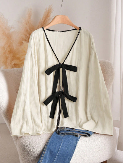 CosyJoli Plus Size Women Front Knot Dropped Shoulder Long Sleeve Loose Casual Shirt Fall