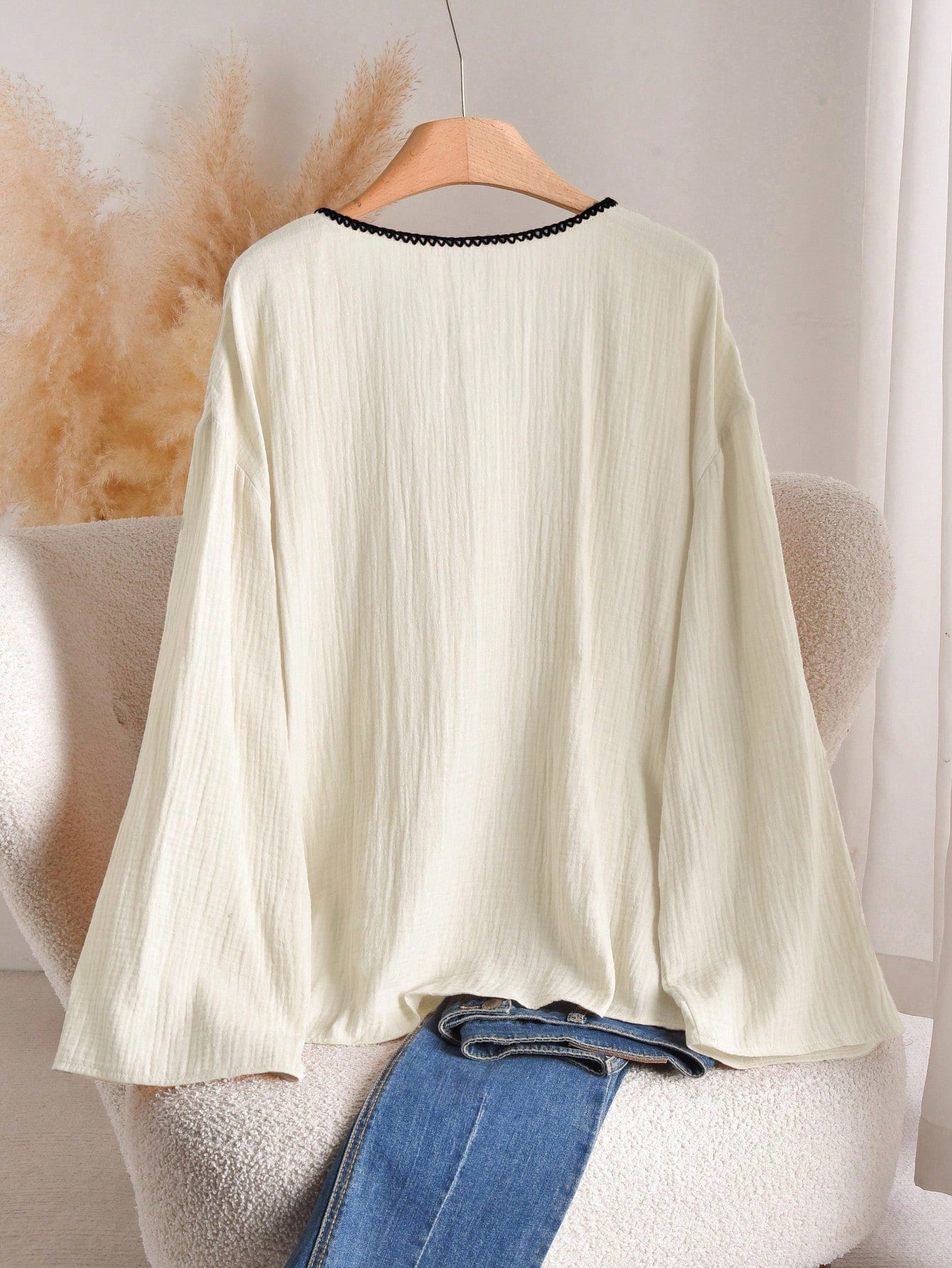 CosyJoli Plus Size Women Front Knot Dropped Shoulder Long Sleeve Loose Casual Shirt Fall
