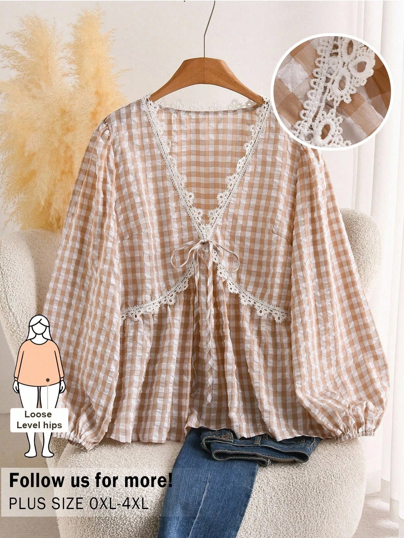 CosyJoli Plus Size Women's Apricot Lace Blouse, Cute Women's Spring Long Sleeve Top, Casual Commute Women's Clothing, Spring Women's Apparel