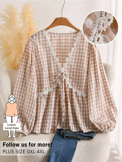 CosyJoli Plus Size Women's Apricot Lace Blouse, Cute Women's Spring Long Sleeve Top, Casual Commute Women's Clothing, Spring Women's Apparel