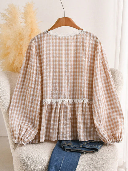 CosyJoli Plus Size Women's Apricot Lace Blouse, Cute Women's Spring Long Sleeve Top, Casual Commute Women's Clothing, Spring Women's Apparel