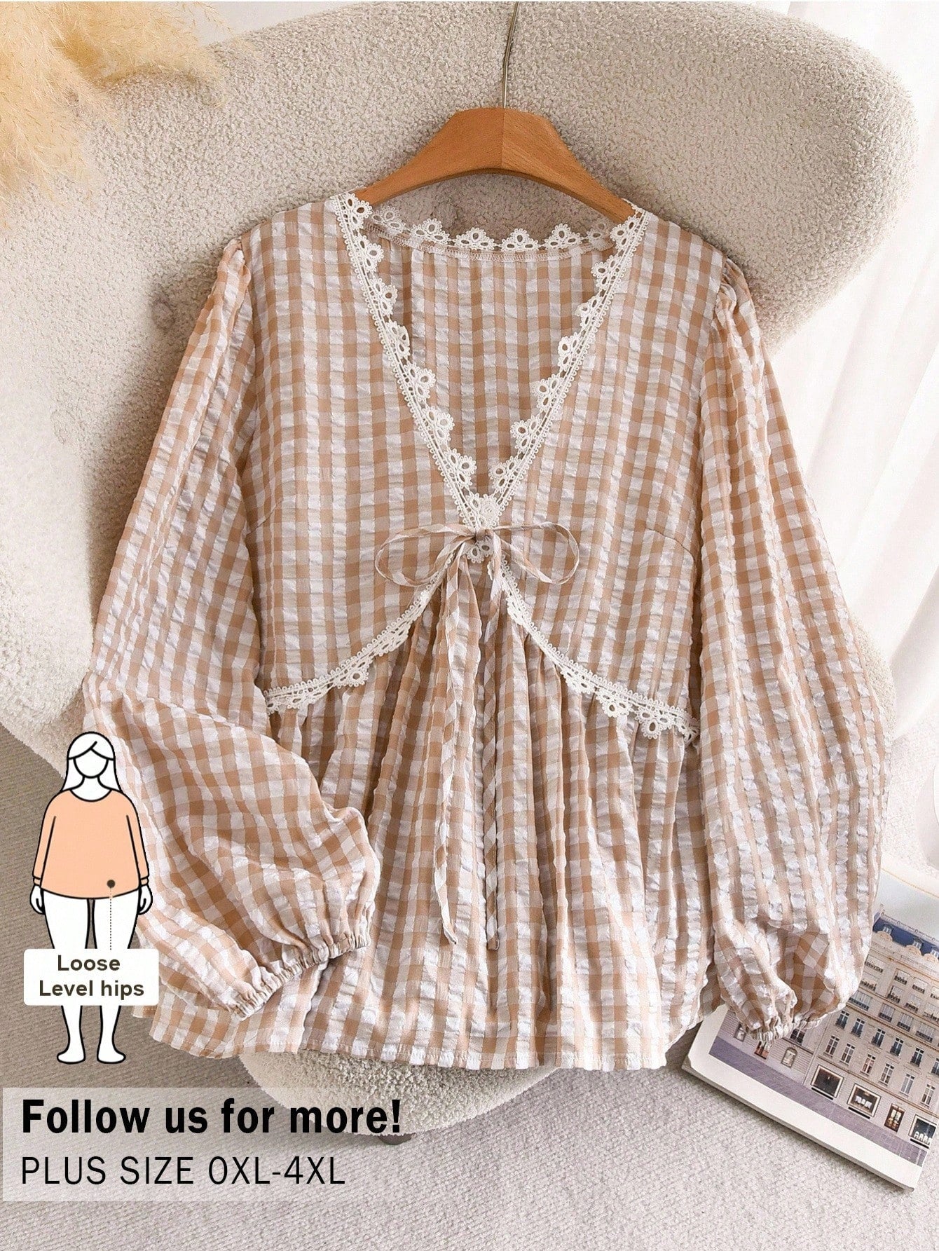 CosyJoli Plus Size Women's Apricot Lace Blouse, Cute Women's Spring Long Sleeve Top, Casual Commute Women's Clothing, Spring Women's Apparel