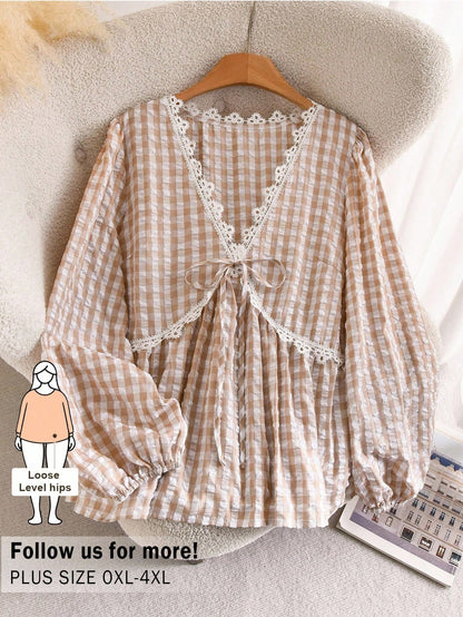 CosyJoli Plus Size Women's Apricot Lace Blouse, Cute Women's Spring Long Sleeve Top, Casual Commute Women's Clothing, Spring Women's Apparel
