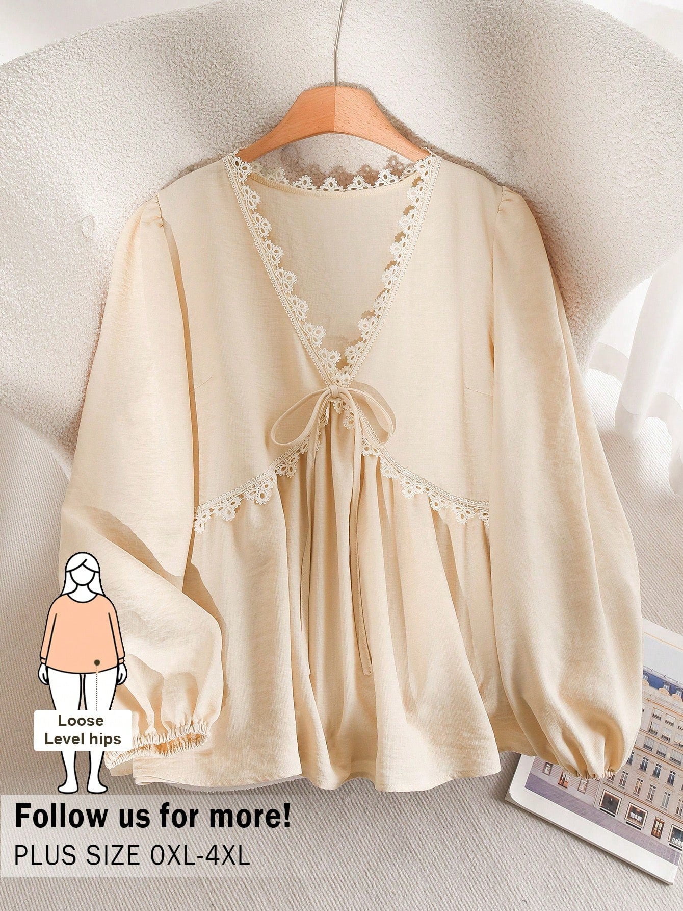 CosyJoli Plus Size Women's Apricot Lace Blouse, Cute Women's Spring Long Sleeve Top, Casual Commute Women's Clothing, Spring Women's Apparel