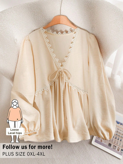 CosyJoli Plus Size Women's Apricot Lace Blouse, Cute Women's Spring Long Sleeve Top, Casual Commute Women's Clothing, Spring Women's Apparel