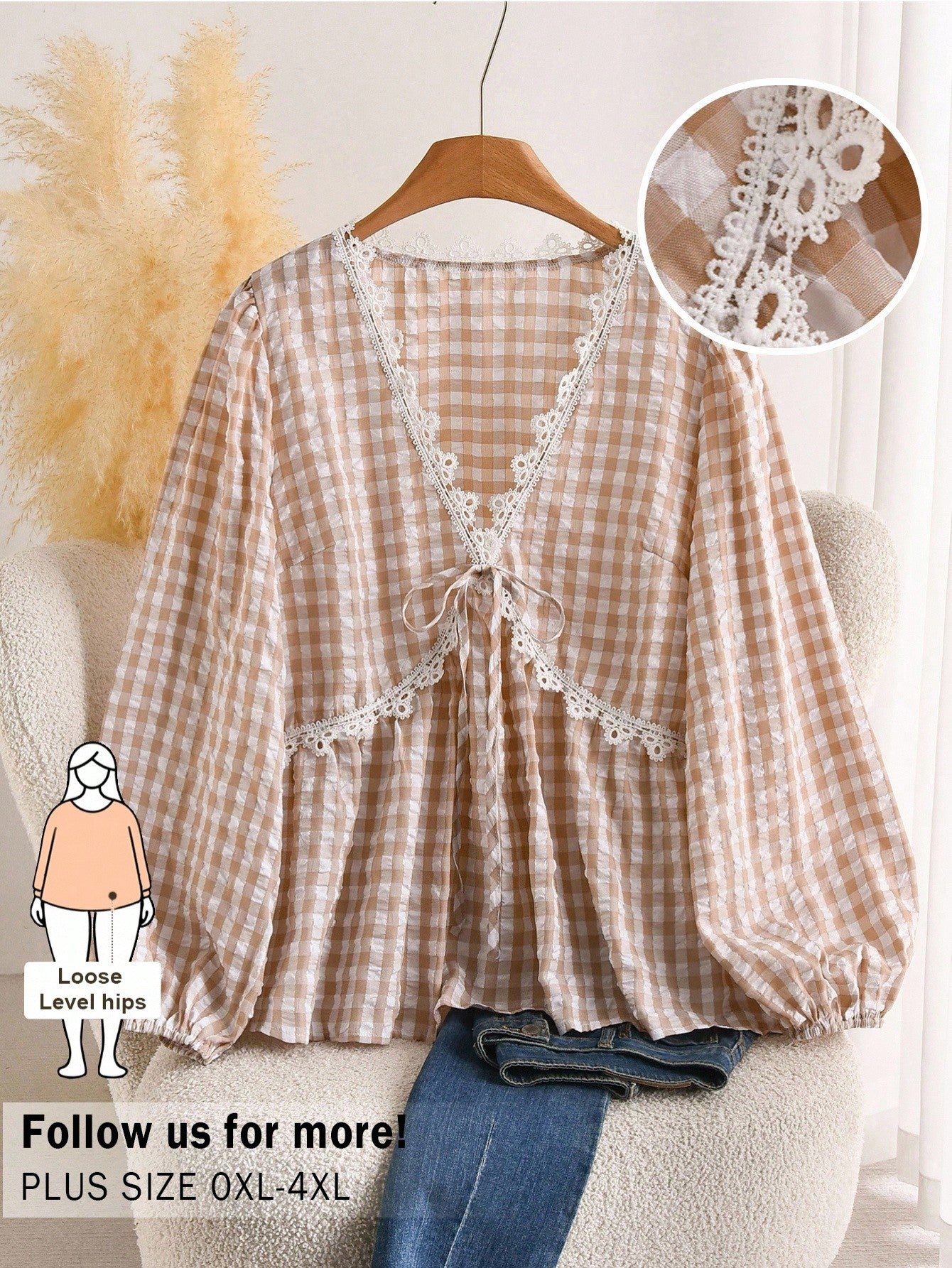 CosyJoli Plus Size Women's Apricot Lace Blouse, Cute Women's Spring Long Sleeve Top, Casual Commute Women's Clothing, Spring Women's Apparel