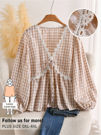 CosyJoli Plus Size Women's Apricot Lace Blouse, Cute Women's Spring Long Sleeve Top, Casual Commute Women's Clothing, Spring Women's Apparel