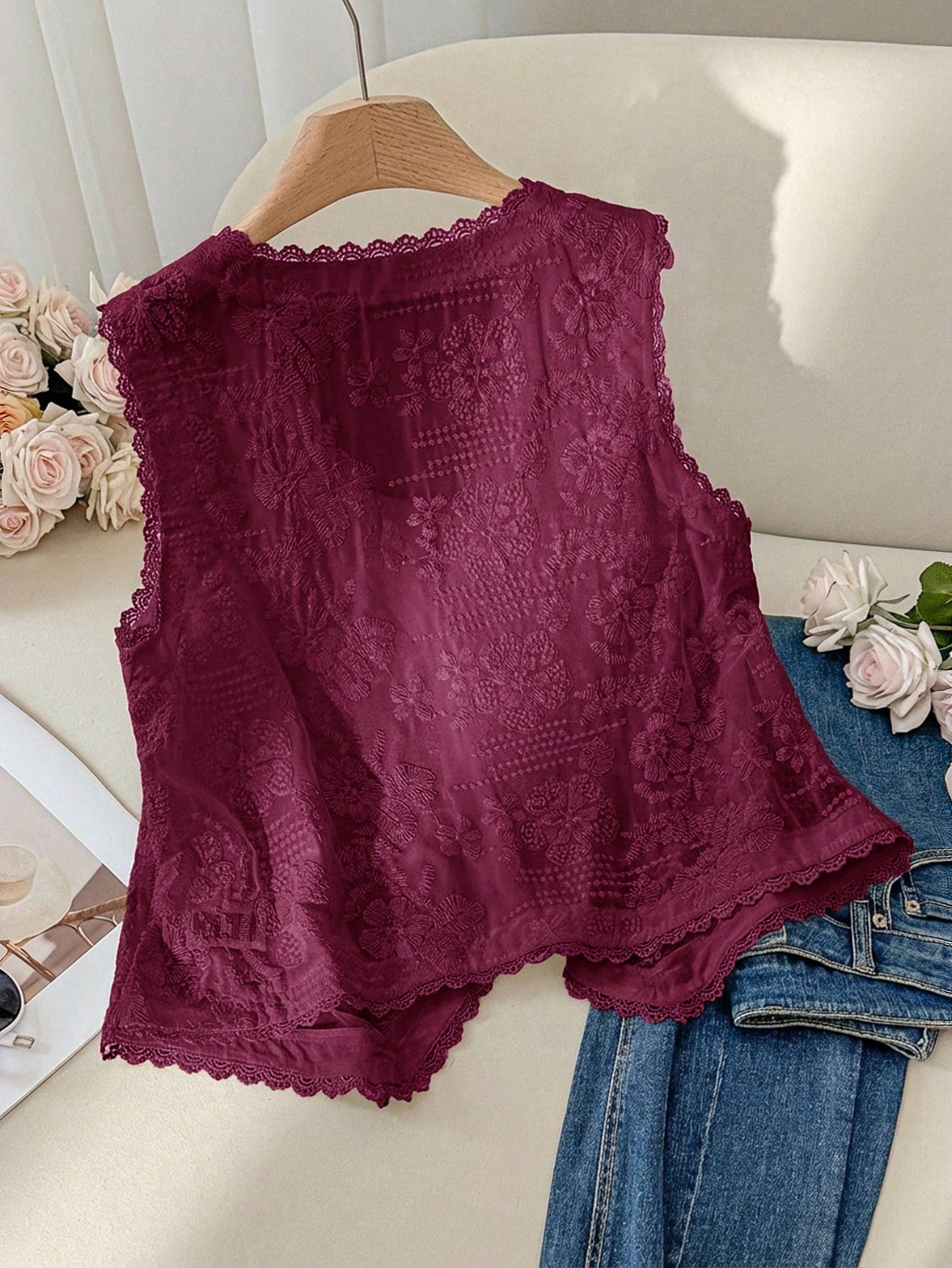 CosyJoli Plus Size Women's Burgundy Autumn Elegant Tea Party Embroidery Hollow Tank Top,Old Money Boho Chic Loose Comfortable Casual V-Neck Vest