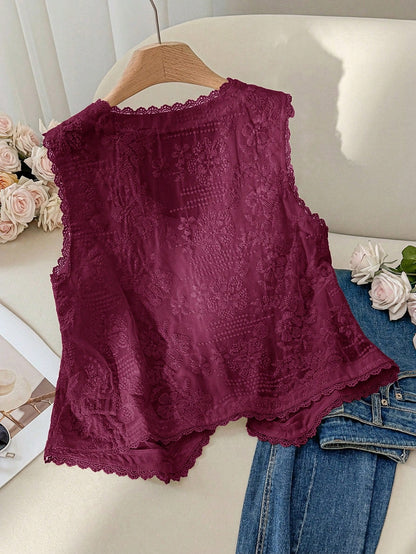 CosyJoli Plus Size Women's Burgundy Autumn Elegant Tea Party Embroidery Hollow Tank Top,Old Money Boho Chic Loose Comfortable Casual V-Neck Vest