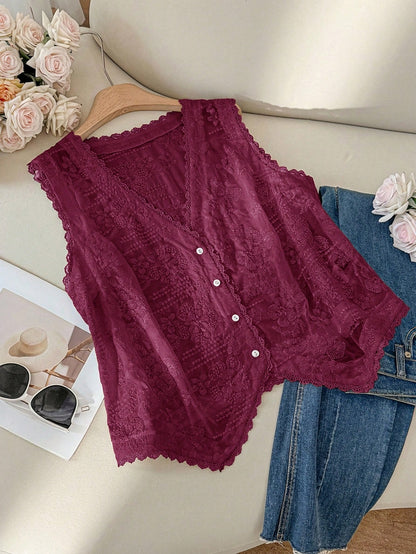 CosyJoli Plus Size Women's Burgundy Autumn Elegant Tea Party Embroidery Hollow Tank Top,Old Money Boho Chic Loose Comfortable Casual V-Neck Vest