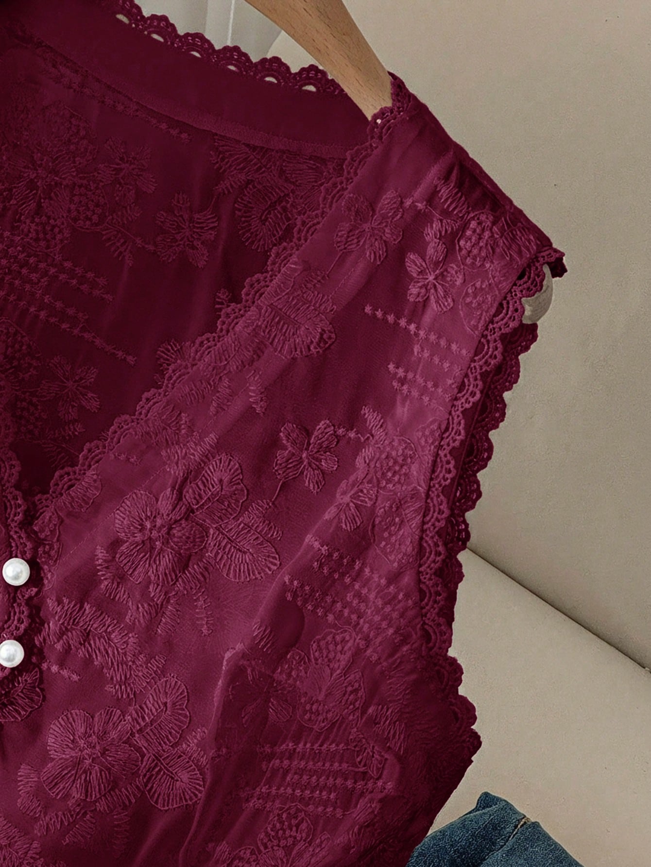 CosyJoli Plus Size Women's Burgundy Autumn Elegant Tea Party Embroidery Hollow Tank Top,Old Money Boho Chic Loose Comfortable Casual V-Neck Vest