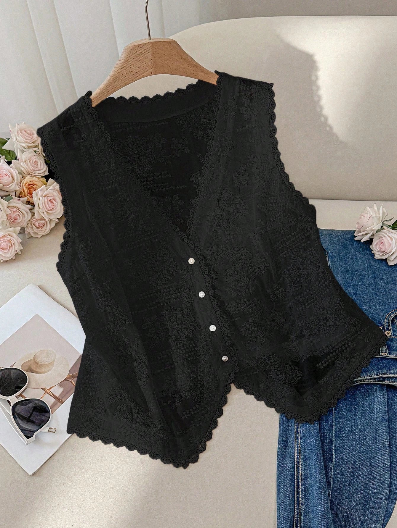 CosyJoli Plus Size Women's Burgundy Autumn Elegant Tea Party Embroidery Hollow Tank Top,Old Money Boho Chic Loose Comfortable Casual V-Neck Vest