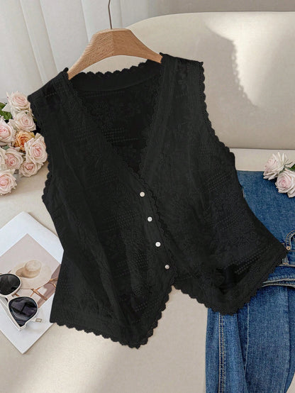 CosyJoli Plus Size Women's Burgundy Autumn Elegant Tea Party Embroidery Hollow Tank Top,Old Money Boho Chic Loose Comfortable Casual V-Neck Vest