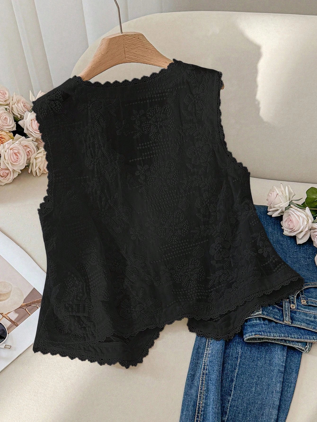 CosyJoli Plus Size Women's Burgundy Autumn Elegant Tea Party Embroidery Hollow Tank Top,Old Money Boho Chic Loose Comfortable Casual V-Neck Vest