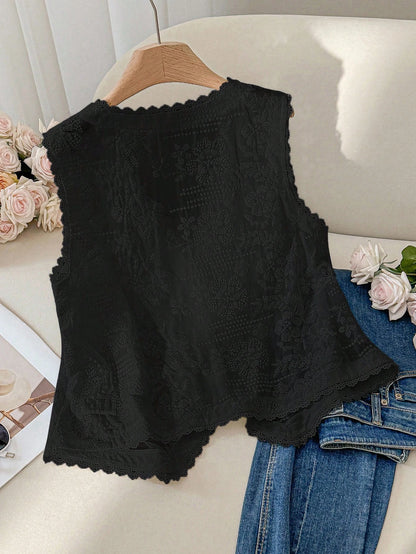 CosyJoli Plus Size Women's Burgundy Autumn Elegant Tea Party Embroidery Hollow Tank Top,Old Money Boho Chic Loose Comfortable Casual V-Neck Vest