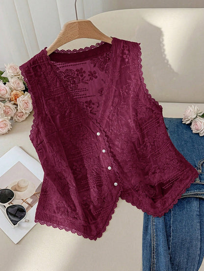 CosyJoli Plus Size Women's Burgundy Autumn Elegant Tea Party Embroidery Hollow Tank Top,Old Money Boho Chic Loose Comfortable Casual V-Neck Vest
