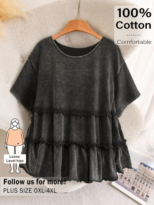 CosyJoli Plus Size Women's Cute Doll Style Top, Multi-Layer Hem Casual Wear, Black Snow-Wash Top, Washed T-Shirt, Summer Casual Wear, Cute Women's Clothing