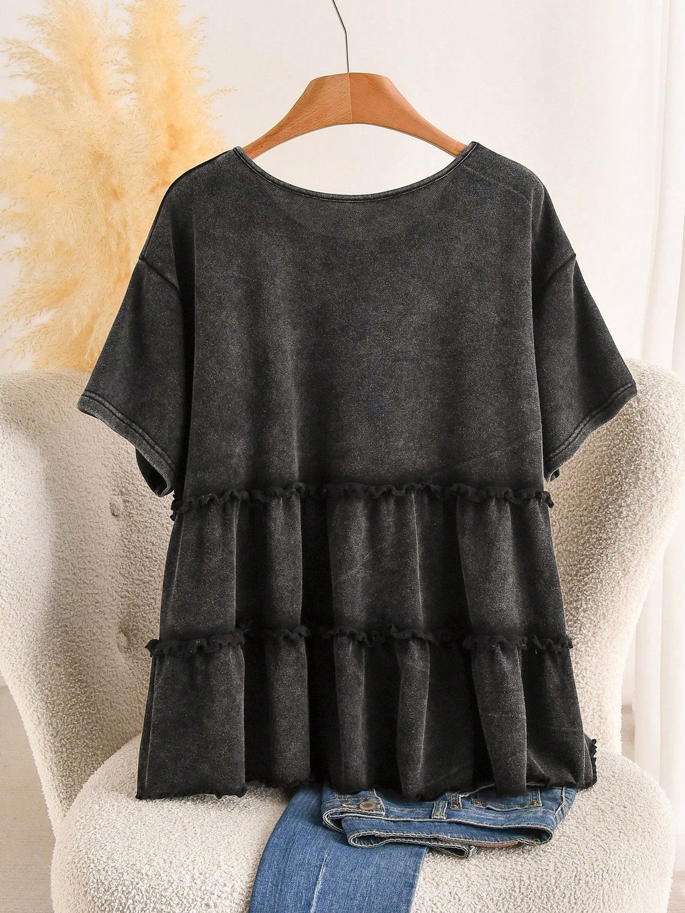 CosyJoli Plus Size Women's Cute Doll Style Top, Multi-Layer Hem Casual Wear, Black Snow-Wash Top, Washed T-Shirt, Summer Casual Wear, Cute Women's Clothing