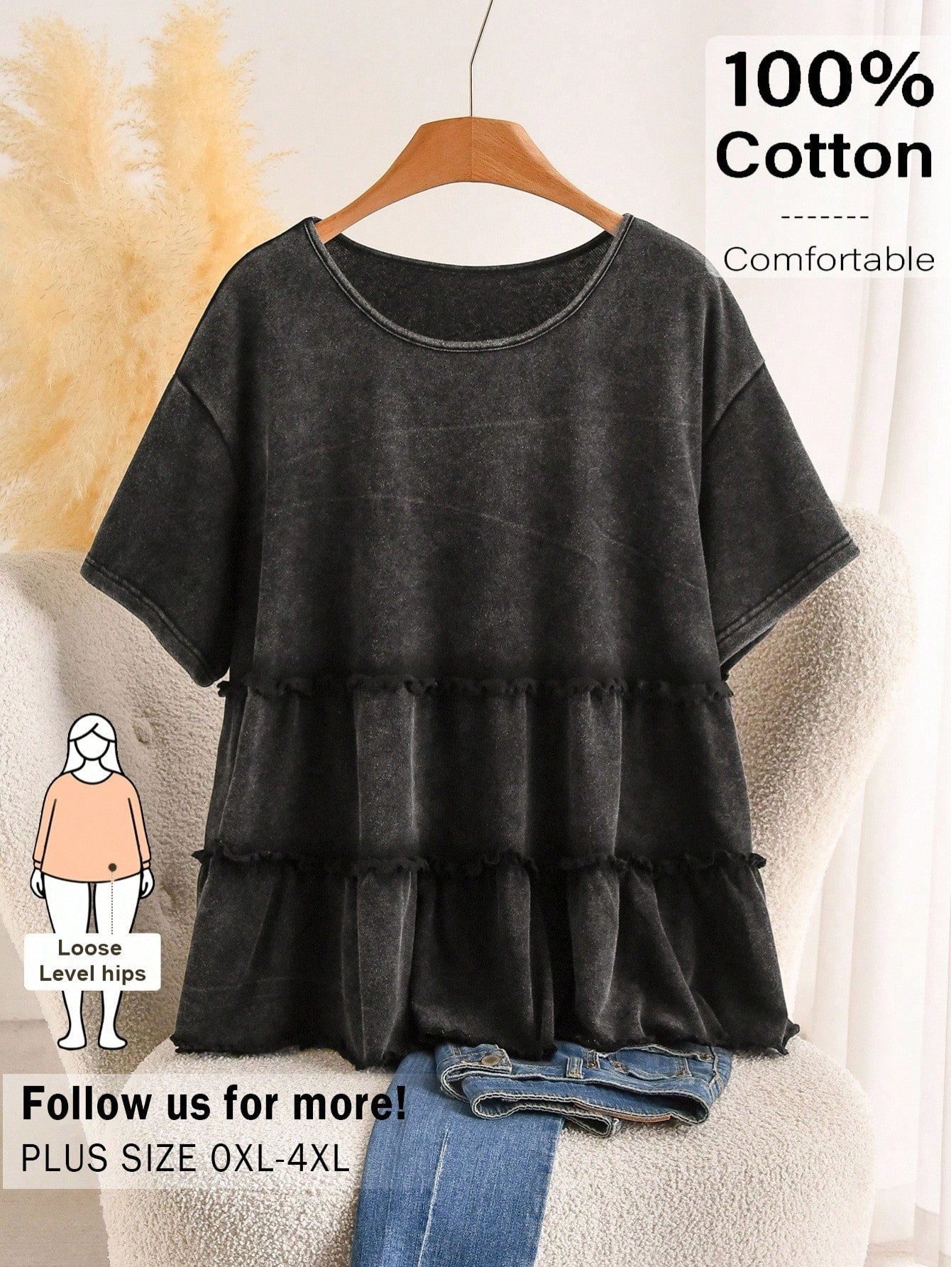 CosyJoli Plus Size Women's Cute Doll Style Top, Multi-Layer Hem Casual Wear, Black Snow-Wash Top, Washed T-Shirt, Summer Casual Wear, Cute Women's Clothing