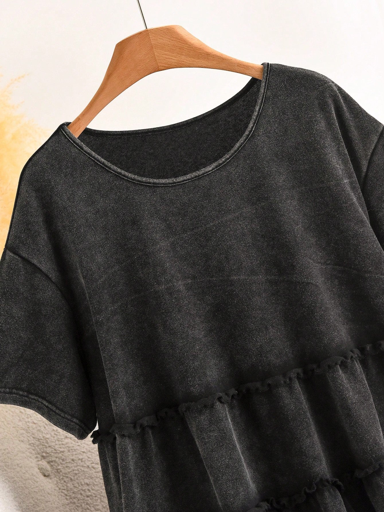 CosyJoli Plus Size Women's Cute Doll Style Top, Multi-Layer Hem Casual Wear, Black Snow-Wash Top, Washed T-Shirt, Summer Casual Wear, Cute Women's Clothing
