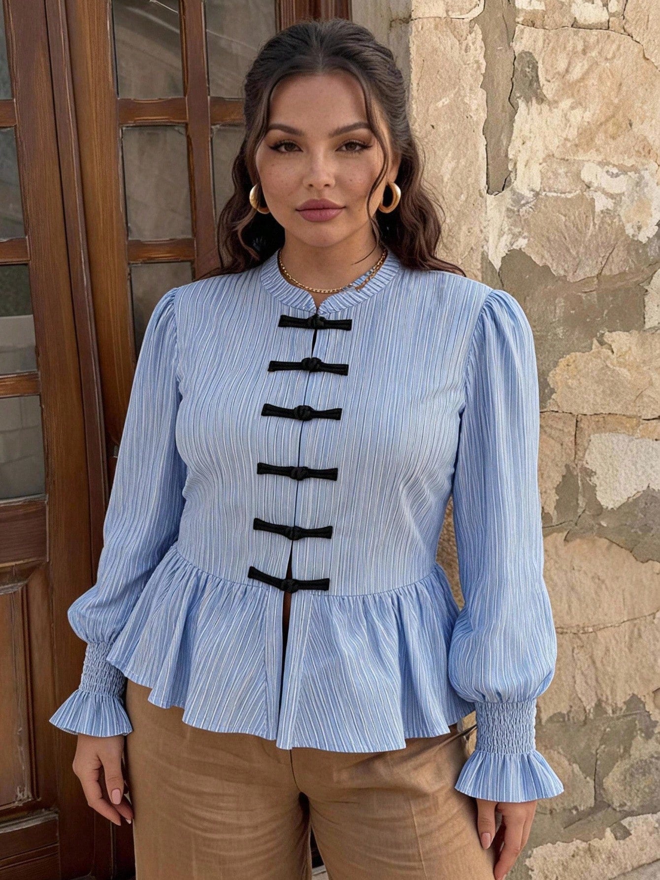 CosyJoli Plus Size Women's Solid Color Frog Button Pleated Casual Versatile Daily Wear Blouse For Women Fall/Winter Casual Daily Going Out Blouse For Women
