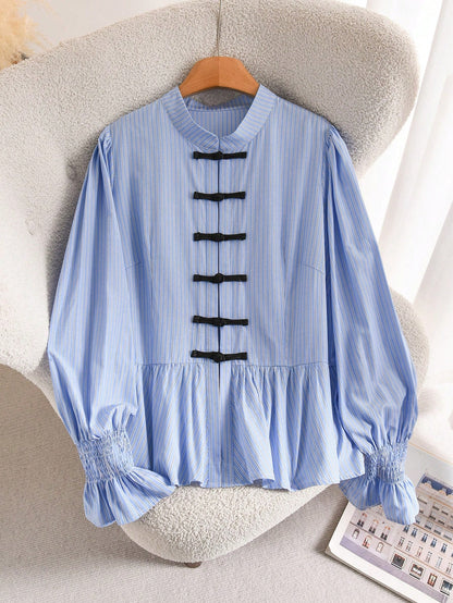 CosyJoli Plus Size Women's Solid Color Frog Button Pleated Casual Versatile Daily Wear Blouse For Women Fall/Winter Casual Daily Going Out Blouse For Women