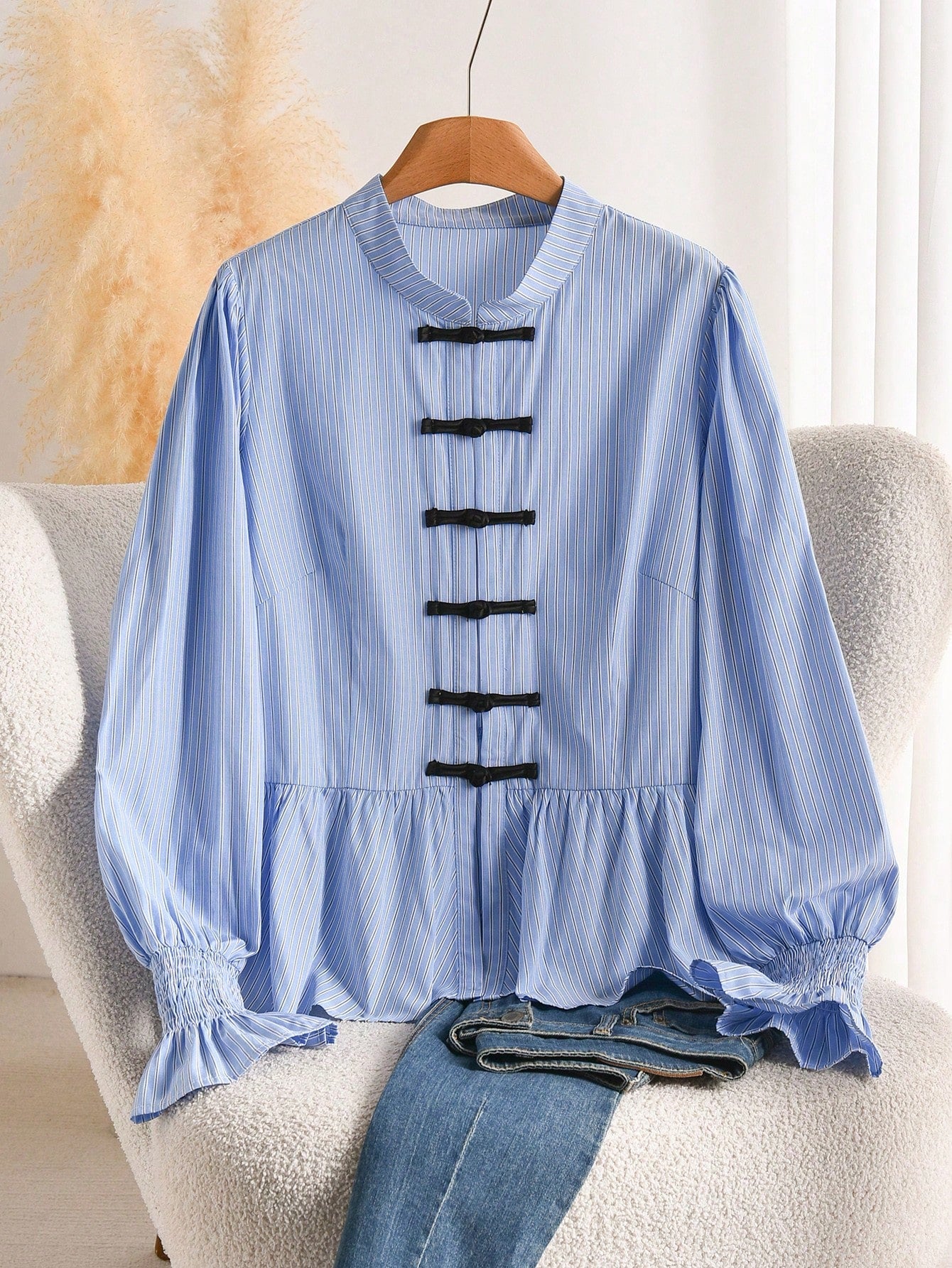 CosyJoli Plus Size Women's Solid Color Frog Button Pleated Casual Versatile Daily Wear Blouse For Women Fall/Winter Casual Daily Going Out Blouse For Women