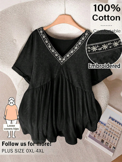 CosyJoli Plus Size Women Washed Top, Casual Women T-Shirt Embroidered Top, Babydoll Top