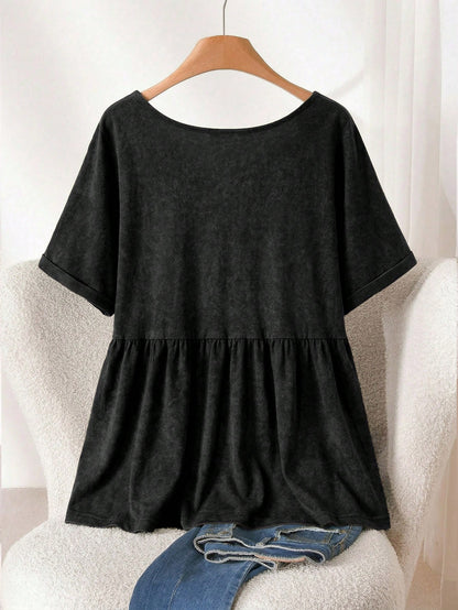 CosyJoli Plus Size Women Washed Top, Casual Women T-Shirt Embroidered Top, Babydoll Top