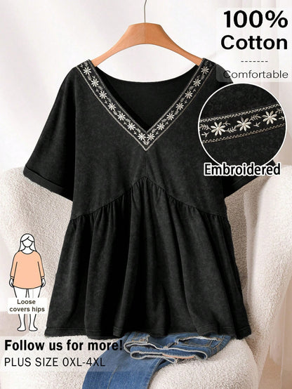 CosyJoli Plus Size Women Washed Top, Casual Women T-Shirt Embroidered Top, Babydoll Top