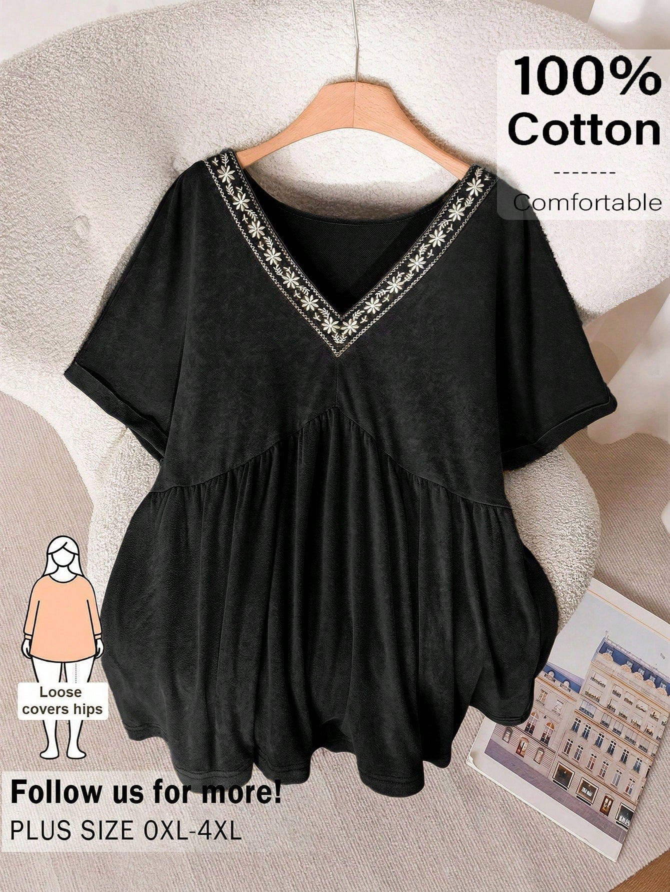 CosyJoli Plus Size Women Washed Top, Casual Women T-Shirt Embroidered Top, Babydoll Top