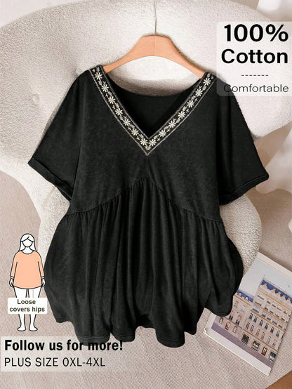 CosyJoli Plus Size Women Washed Top, Casual Women T-Shirt Embroidered Top, Babydoll Top