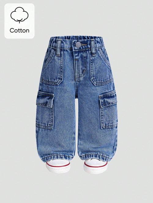Cotton Elastic Waist Cargo Pocket Casual Pants For Baby Boys Toddler Cargo Jeans Fall Winter