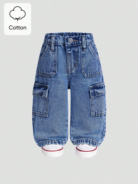 Cotton Elastic Waist Cargo Pocket Casual Pants For Baby Boys Toddler Cargo Jeans Fall Winter