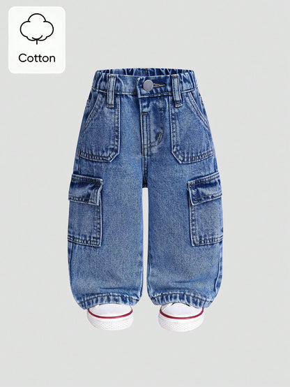 Cotton Elastic Waist Cargo Pocket Casual Pants For Baby Boys Toddler Cargo Jeans Fall Winter