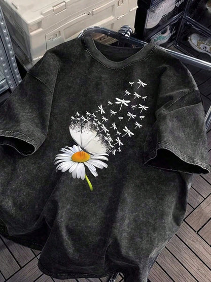 Cotton Washed Vintage Washed Vintage Washed Flower Print Loose Round Neck Fashion Women's Wash Short Sleeve. Summer Tops Free People Inspired Clothe