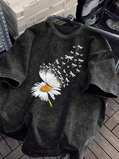 Cotton Washed Vintage Washed Vintage Washed Flower Print Loose Round Neck Fashion Women's Wash Short Sleeve. Summer Tops Free People Inspired Clothe
