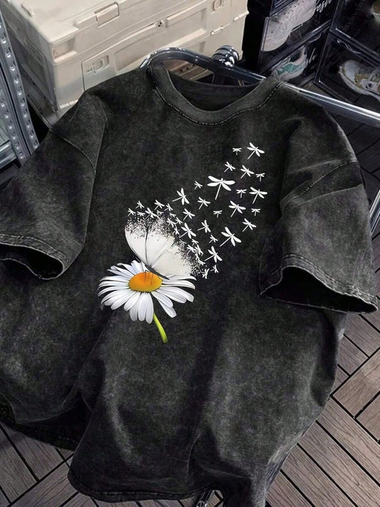 Cotton Washed Vintage Washed Vintage Washed Flower Print Loose Round Neck Fashion Women's Wash Short Sleeve. Summer Tops Free People Inspired Clothe